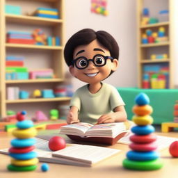 An animated scene featuring a young child interacting with educational toys and books designed to stimulate learning