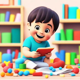 An animated scene featuring a young child interacting with educational toys and books designed to stimulate learning