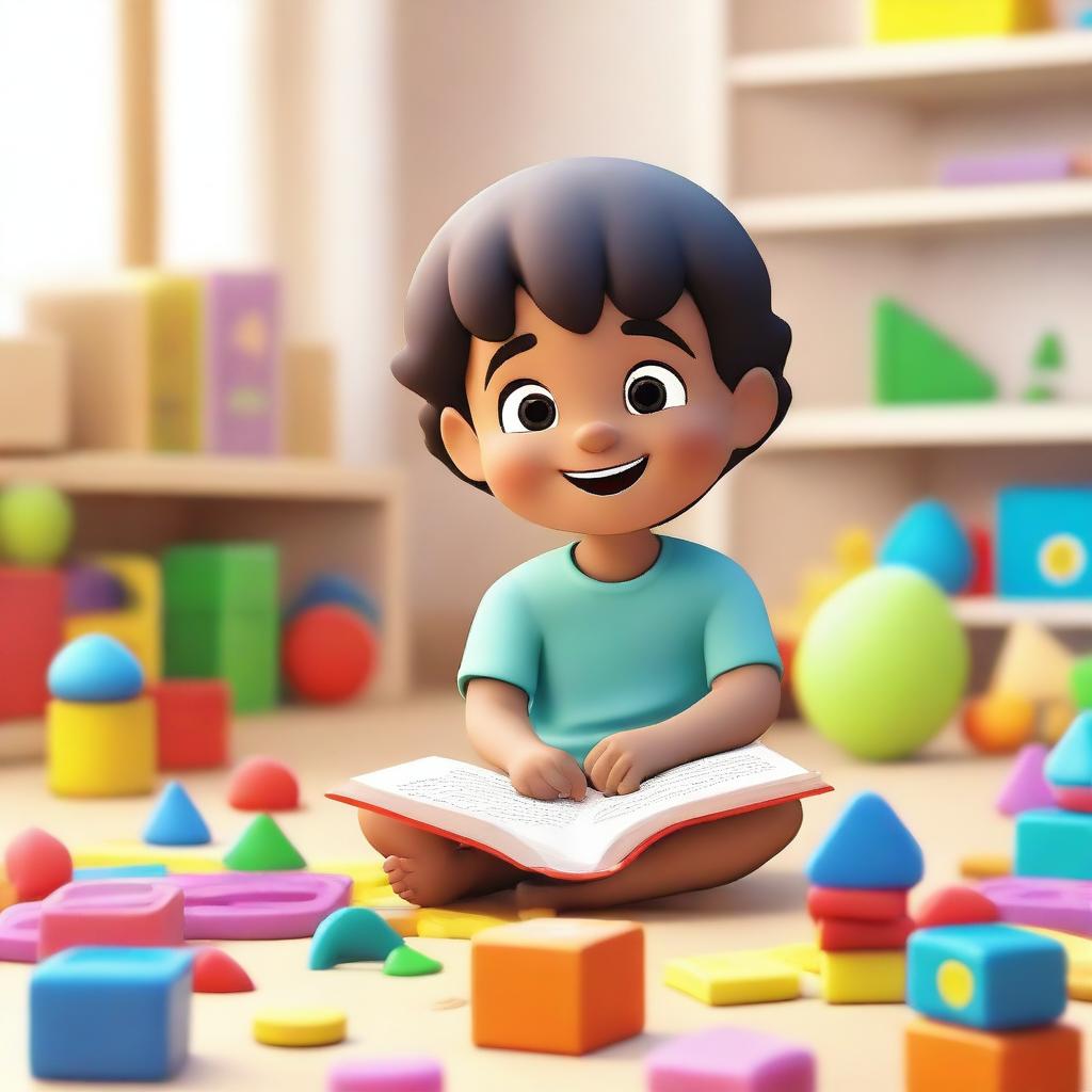 An animated scene featuring a young child interacting with educational toys and books designed to stimulate learning