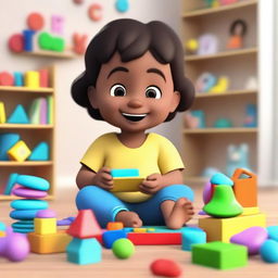 An animated scene featuring a young child interacting with educational toys and books designed to stimulate learning