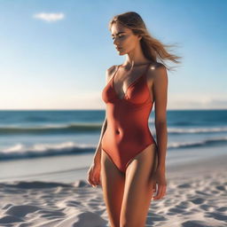 A slim supermodel standing by the sea, wearing a stylish swimsuit