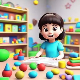 An animated scene featuring a young child interacting with educational toys and books designed to stimulate learning