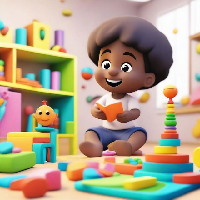 An animated scene featuring a young child interacting with educational toys and books designed to stimulate learning