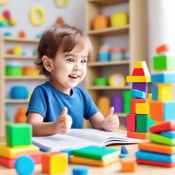 An animated scene featuring a young child interacting with educational toys and books designed to stimulate learning