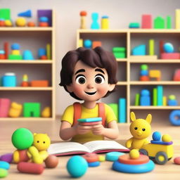 An animated scene featuring a young child interacting with educational toys and books designed to stimulate learning