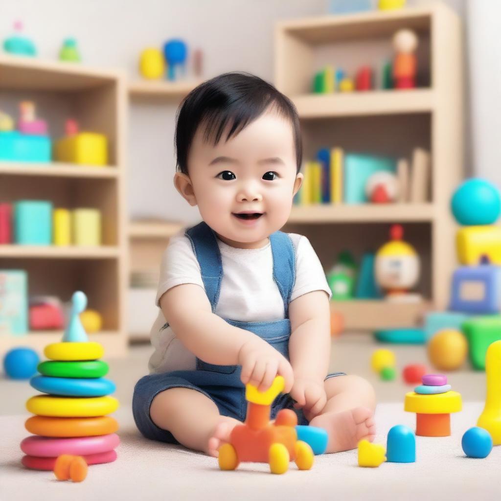 An animated scene featuring a two-year-old child interacting with educational toys and books designed to stimulate learning