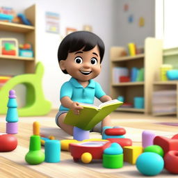 An animated scene featuring a two-year-old child interacting with educational toys and books designed to stimulate learning