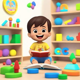 An animated scene featuring a two-year-old child interacting with educational toys and books designed to stimulate learning