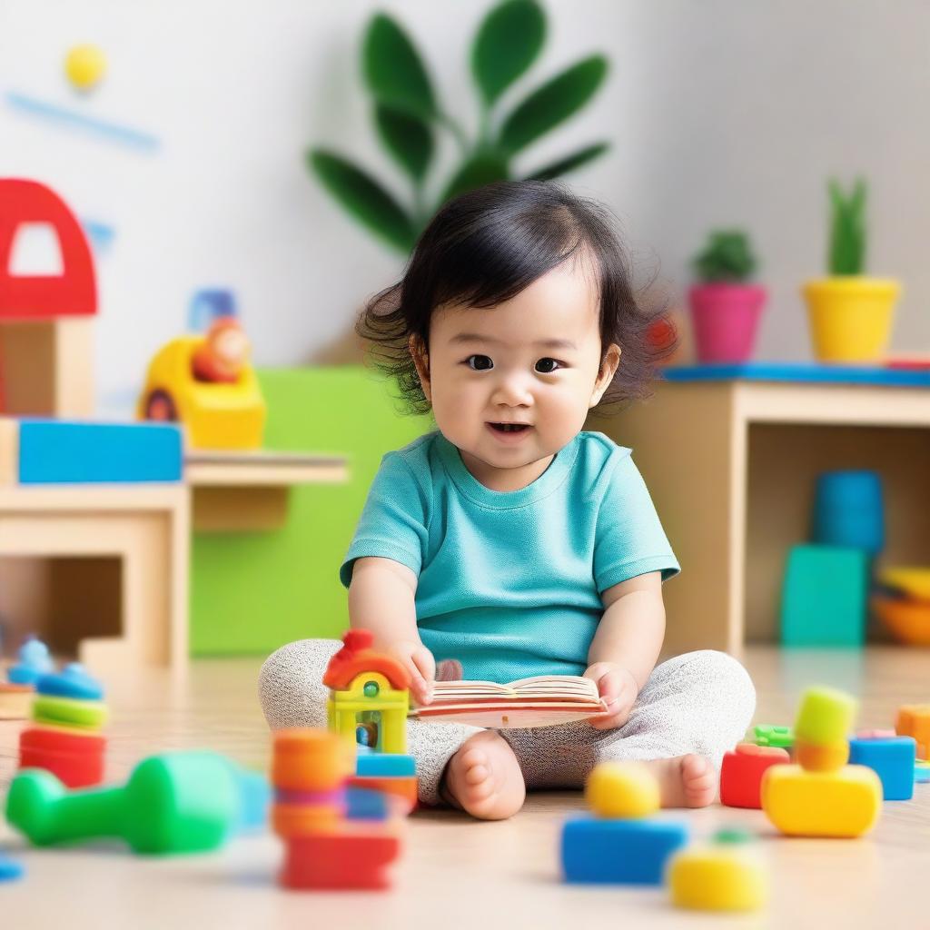 An animated scene featuring a two-year-old child interacting with educational toys and books designed to stimulate learning