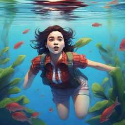 A 20-year-old woman, an explorer wearing a red checkered shirt, is underwater with a plant wrapped around her waist