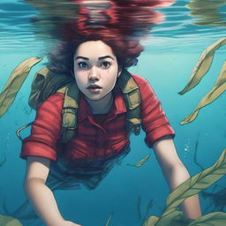 A 20-year-old woman, an explorer wearing a red checkered shirt, is underwater with a plant wrapped around her waist