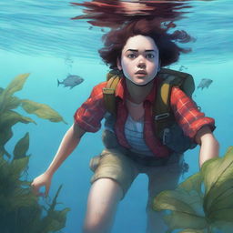 A 20-year-old woman, an explorer wearing a red checkered shirt, is underwater with a plant wrapped around her waist