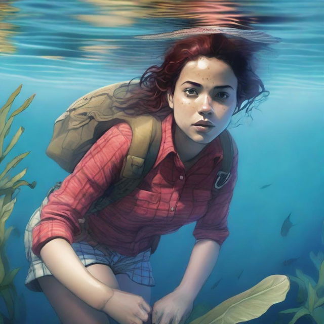 A 20-year-old woman, an explorer wearing a red checkered shirt, is underwater with a plant wrapped around her waist