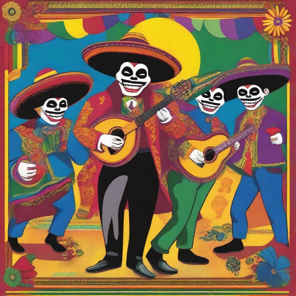 A vibrant and colorful poster depicting a fiesta with a cartel theme, featuring various villains in festive attire