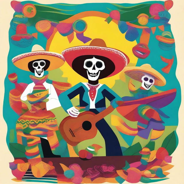 A vibrant and colorful poster depicting a fiesta with a cartel theme, featuring various villains in festive attire