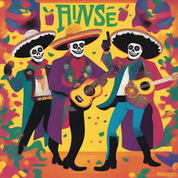 A vibrant and colorful poster depicting a fiesta with a cartel theme, featuring various villains in festive attire