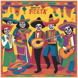 A vibrant and colorful poster depicting a fiesta with a cartel theme, featuring various villains in festive attire