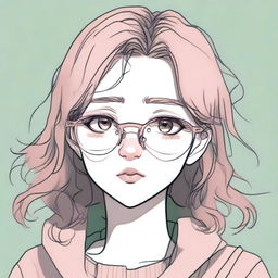 A pencil drawing of a depressed blank-faced anime girl with brown hair, pink lips, dark green eyes, and round golden eyeglasses