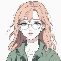 A pencil drawing of a depressed blank-faced anime girl with brown hair, pink lips, dark green eyes, and round golden eyeglasses