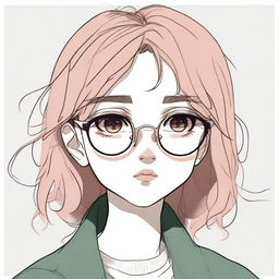 A pencil drawing of a depressed blank-faced anime girl with brown hair, pink lips, dark green eyes, and round golden eyeglasses