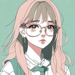 A pencil drawing of a depressed blank-faced anime girl with brown hair, pink lips, dark green eyes, and round golden eyeglasses