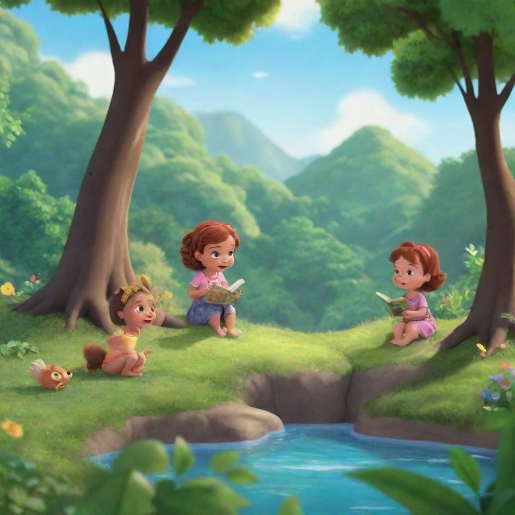 A captivating scene from the animated series 'BrightBabyTales'. Include children immersed in nature, reading beautifully illustrated storybooks that are filled with vibrant tales. The setting should reflect a lush, natural environment.