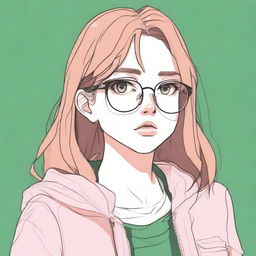 A pencil drawing of a depressed anime girl with brown hair, pink lips, dark green eyes, and round golden eyeglasses