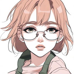 A pencil drawing of a depressed anime girl with brown hair, pink lips, dark green eyes, and round golden eyeglasses