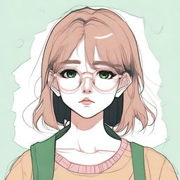 A pencil drawing of a depressed anime girl with brown hair, pink lips, dark green eyes, and round golden eyeglasses