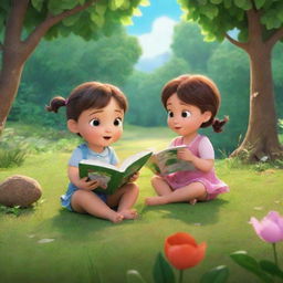 A captivating scene from the animated series 'BrightBabyTales'. Include children immersed in nature, reading beautifully illustrated storybooks that are filled with vibrant tales. The setting should reflect a lush, natural environment.