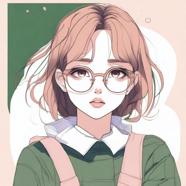 A pencil drawing of a depressed anime girl with brown hair, pink lips, dark green eyes, and round golden eyeglasses