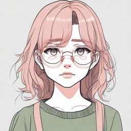 A pencil drawing of a depressed-looking anime girl with brown hair, pink lips, dark green eyes, and round golden eyeglasses