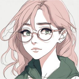 A pencil drawing of a depressed-looking anime girl with brown hair, pink lips, dark green eyes, and round golden eyeglasses