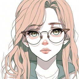 A pencil drawing of a depressed-looking anime girl with brown hair, pink lips, dark green eyes, and round golden eyeglasses