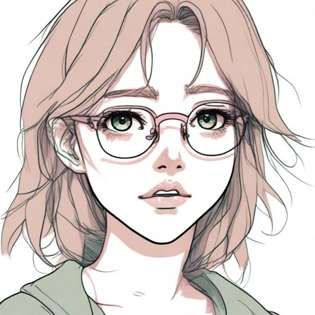 A pencil drawing of a depressed-looking anime girl with brown hair, pink lips, dark green eyes, and round golden eyeglasses