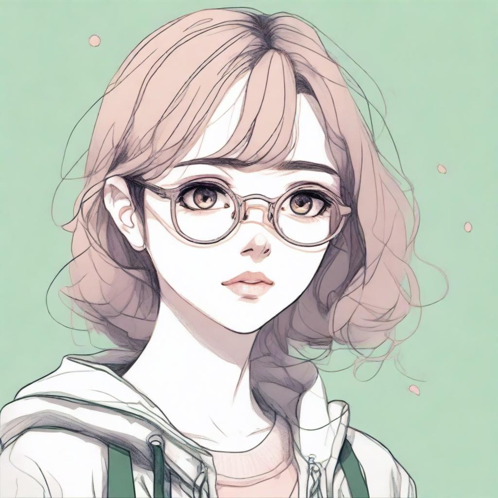 A detailed pencil sketch of a depressed-looking anime girl with brown hair, pink lips, dark green eyes, and round golden eyeglasses