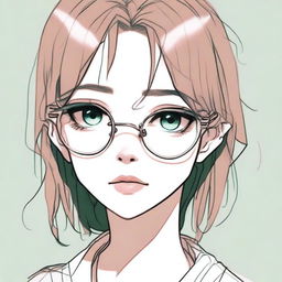 A detailed pencil sketch of a depressed-looking anime girl with brown hair, pink lips, dark green eyes, and round golden eyeglasses