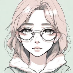 A detailed pencil sketch of a depressed-looking anime girl with brown hair, pink lips, dark green eyes, and round golden eyeglasses