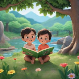 A captivating scene from the animated series 'BrightBabyTales'. Include children immersed in nature, reading beautifully illustrated storybooks that are filled with vibrant tales. The setting should reflect a lush, natural environment.