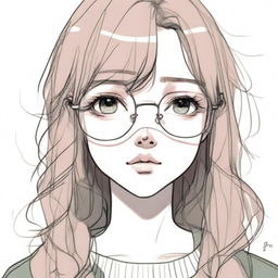 A detailed pencil sketch of a depressed-looking anime girl with brown hair, pink lips, dark green eyes, and round golden eyeglasses