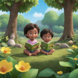 A captivating scene from the animated series 'BrightBabyTales'. Include children immersed in nature, reading beautifully illustrated storybooks that are filled with vibrant tales. The setting should reflect a lush, natural environment.