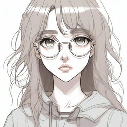 A detailed pencil sketch of a depressed-looking anime girl with brown hair, pink lips, dark green eyes and round golden eyeglasses