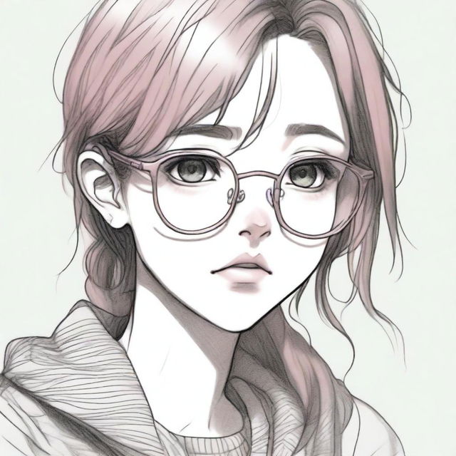 A detailed pencil sketch of a depressed-looking anime girl with brown hair, pink lips, dark green eyes and round golden eyeglasses