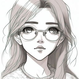 A detailed pencil sketch of a depressed-looking anime girl with brown hair, pink lips, dark green eyes and round golden eyeglasses