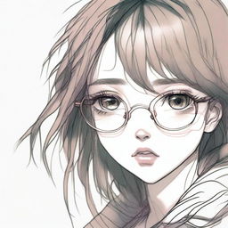 A detailed pencil sketch of a depressed-looking anime girl with brown hair, pink lips, dark green eyes and round golden eyeglasses