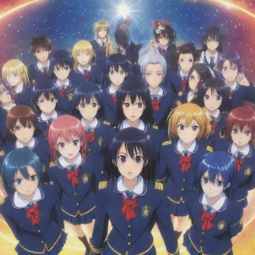 Anime-style image of characters from Medaka Box, all gathered around, wearing their school uniform, with a sparkling colorful high school backdrop.