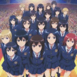 Anime-style image of characters from Medaka Box, all gathered around, wearing their school uniform, with a sparkling colorful high school backdrop.