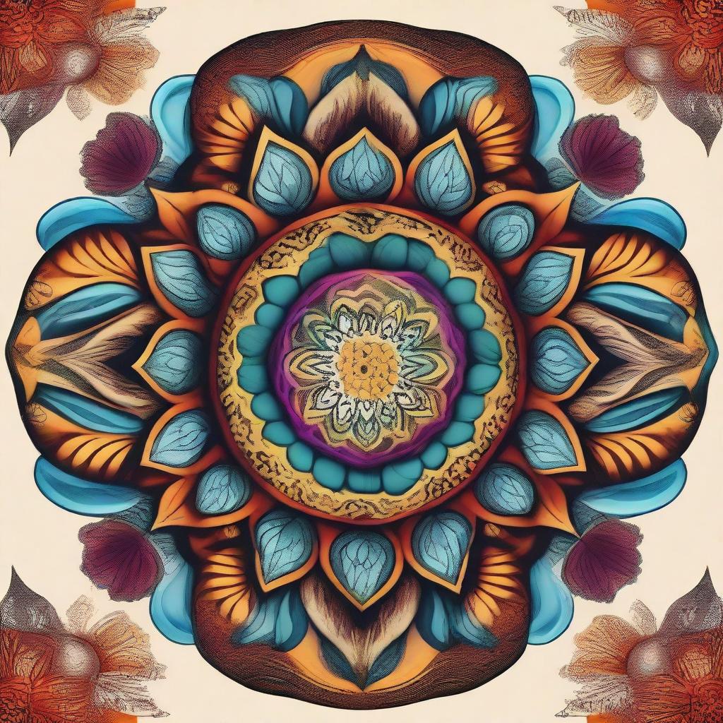 A vibrant and intricate mandala design with a mix of geometric and organic patterns