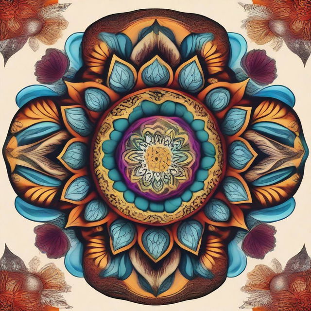 A vibrant and intricate mandala design with a mix of geometric and organic patterns