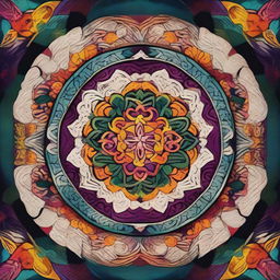 A vibrant and intricate mandala design with a mix of geometric and organic patterns